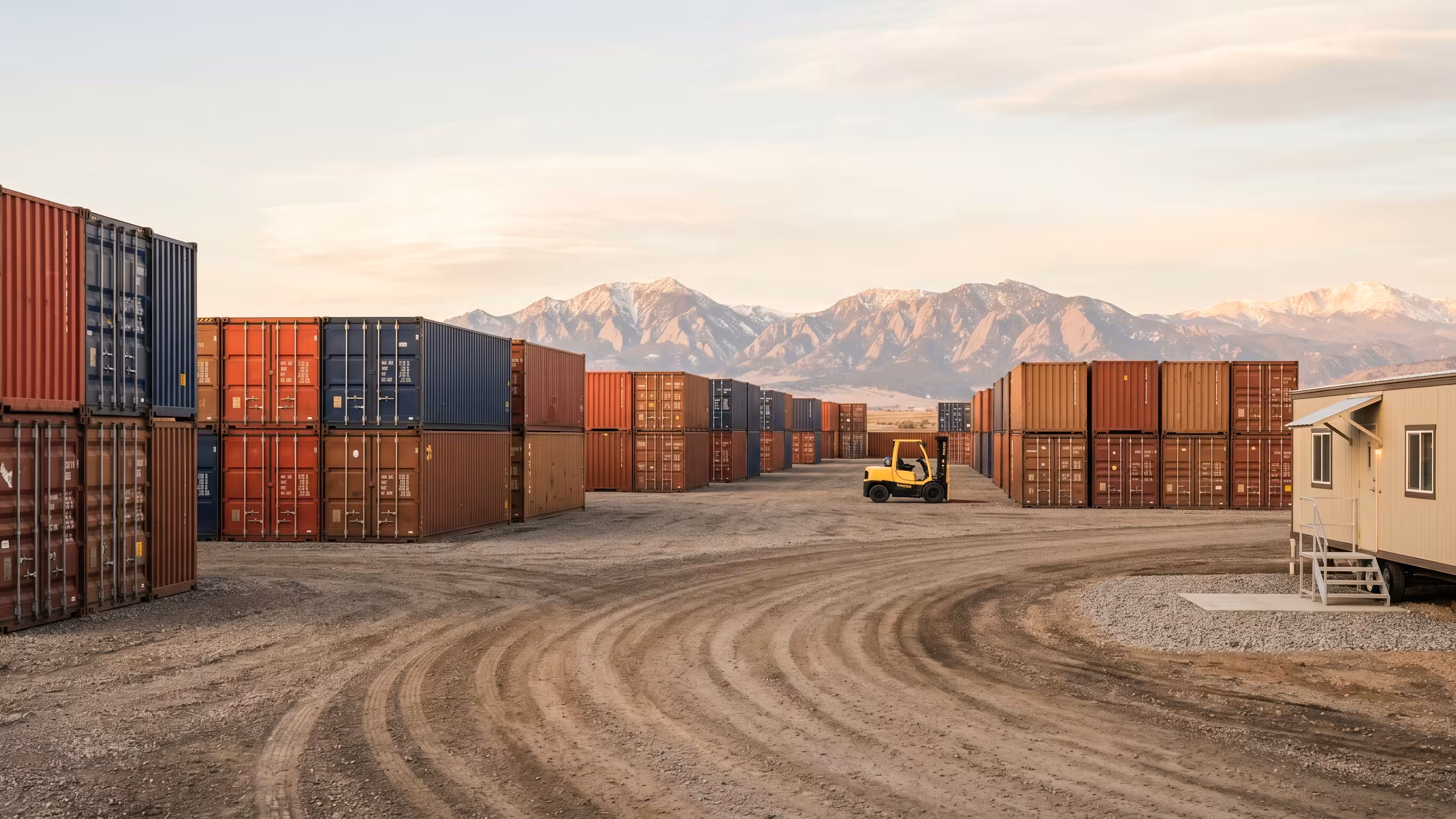 The Aurora, Colorado shipping-container yard with inspected units lined up and ready for delivery