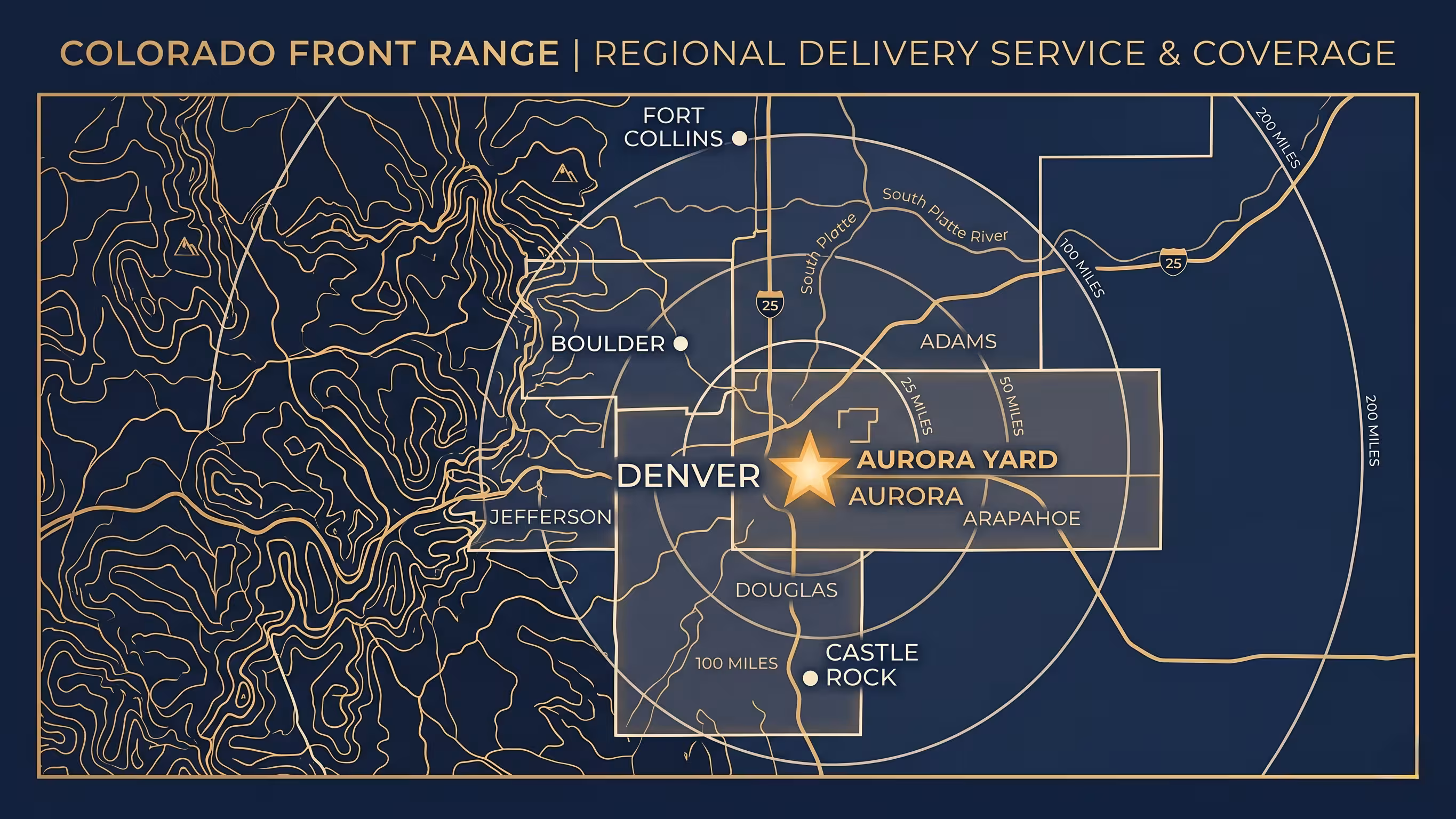 Map of the Aurora, Colorado container delivery zone covering the Denver metro and Front Range