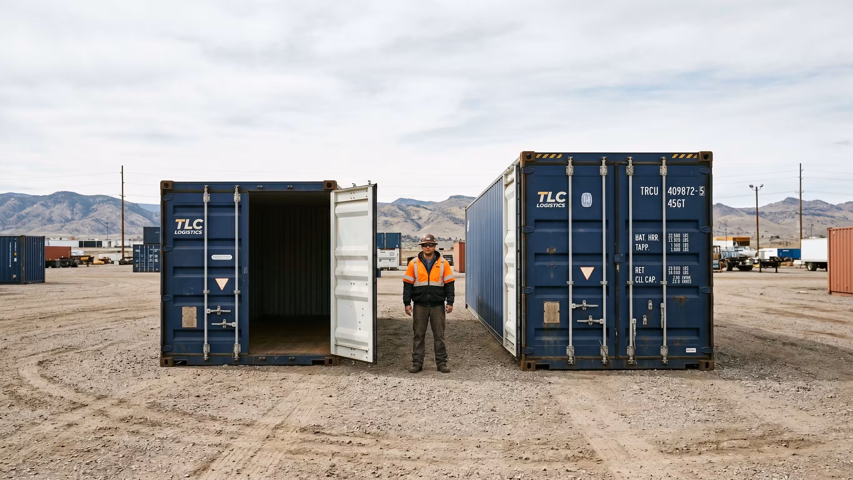 Side-by-side size comparison of 20ft and 40ft standard and high-cube shipping containers on the Aurora, Colorado yard