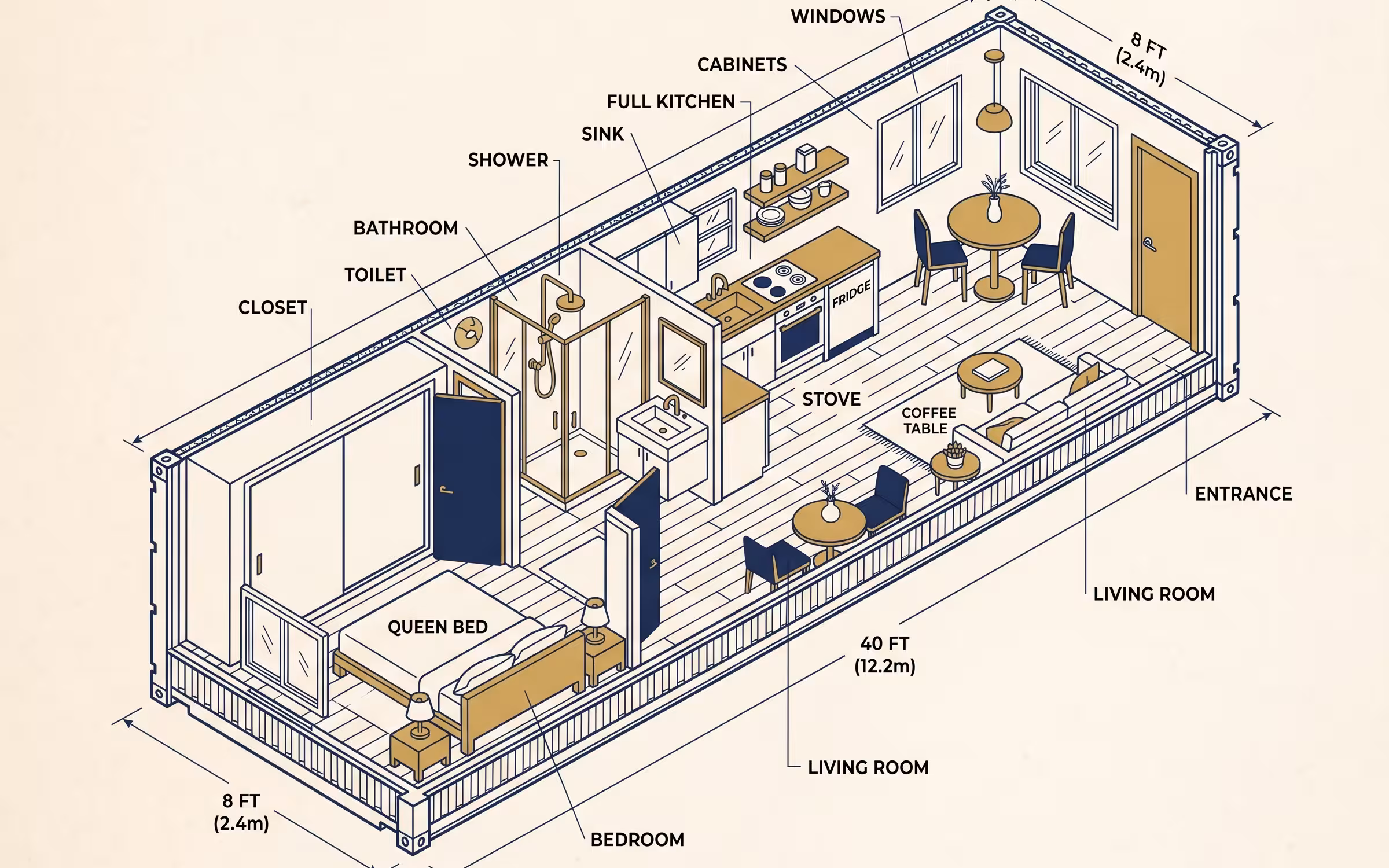 1-Bedroom Tiny Home floor plan inside a shipping container conversion for Aurora, Colorado builds